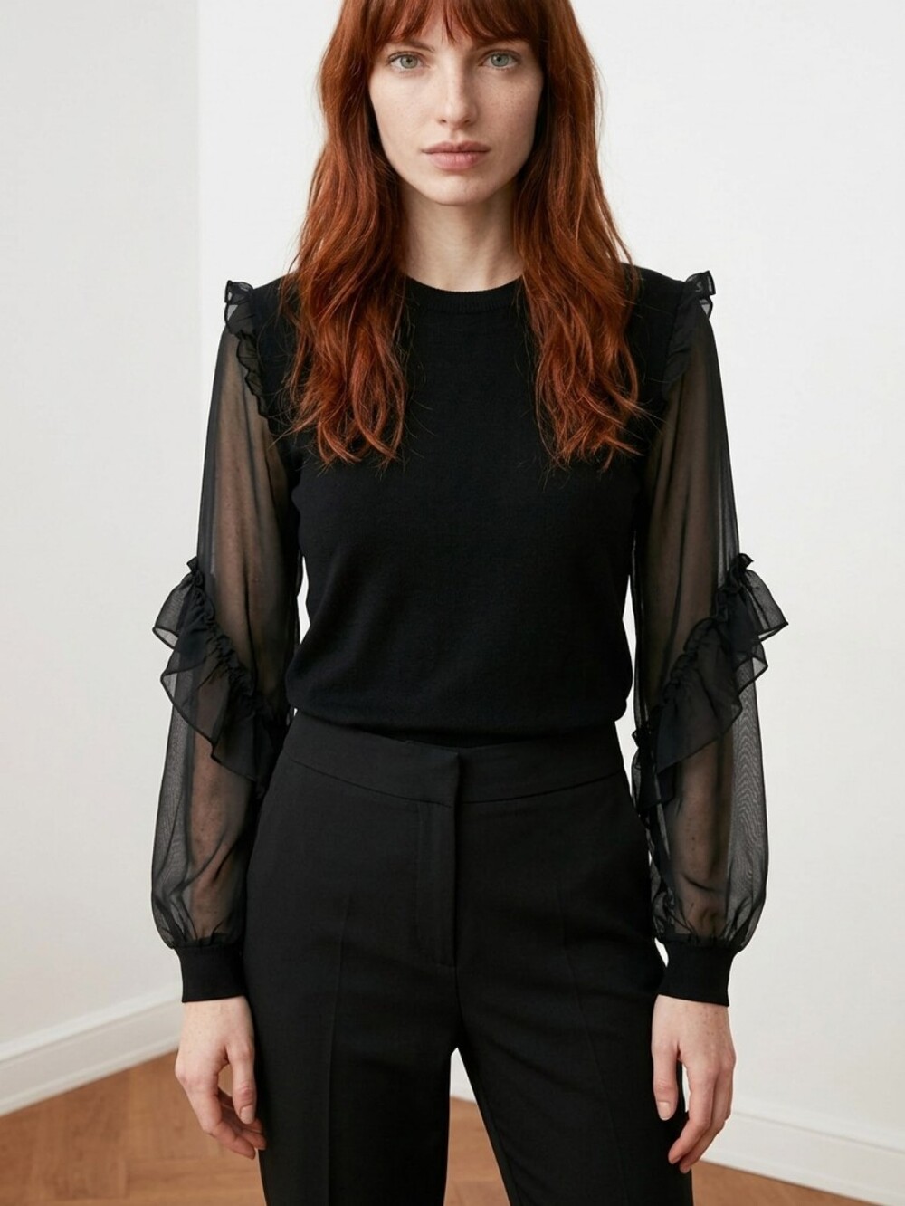 Generation Love Joni Black Sheer Ruffle Sleeve Pullover Blouse Size S